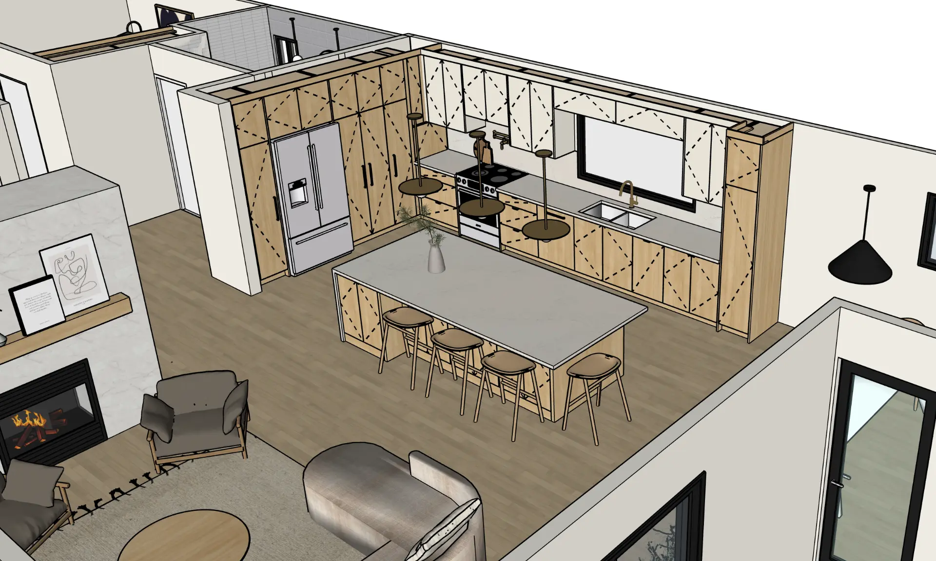 3D SketchUp drawing of an open-plan kitchen with island, pantry columns and adjoining living room