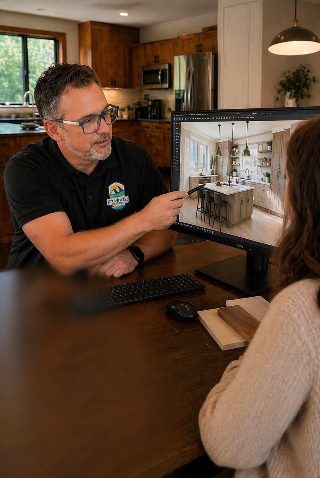 Kitchen designer showing a client a 3D visualisation of their future kitchen on screen