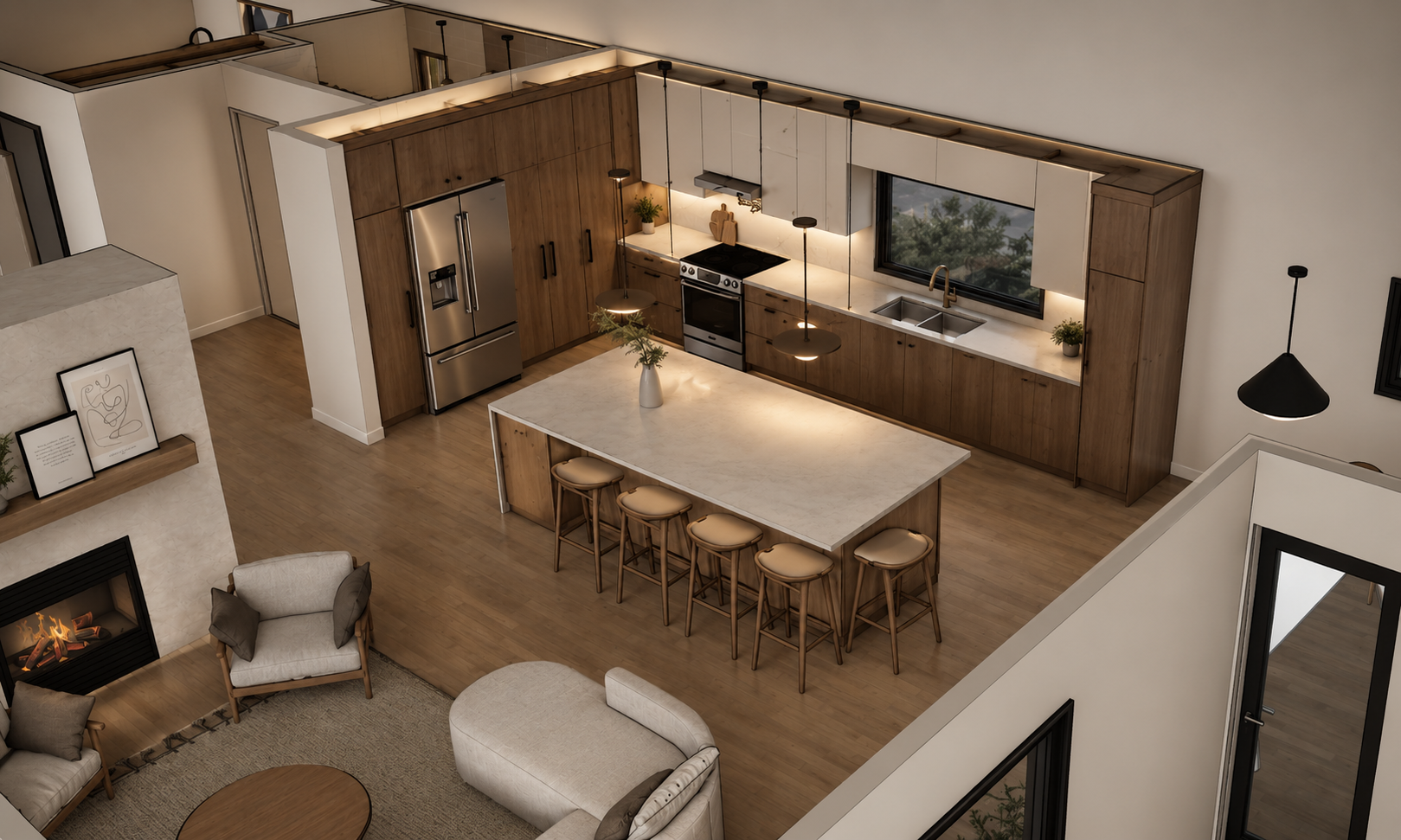 Aerial view of a finished open-plan kitchen with warm wood cabinetry, a large island and pendant lighting