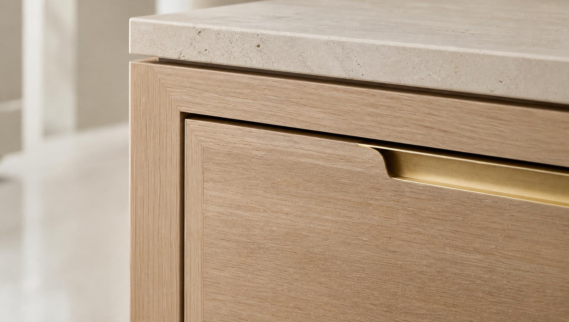 Close detail of white oak cabinetry joinery meeting a honed stone countertop
