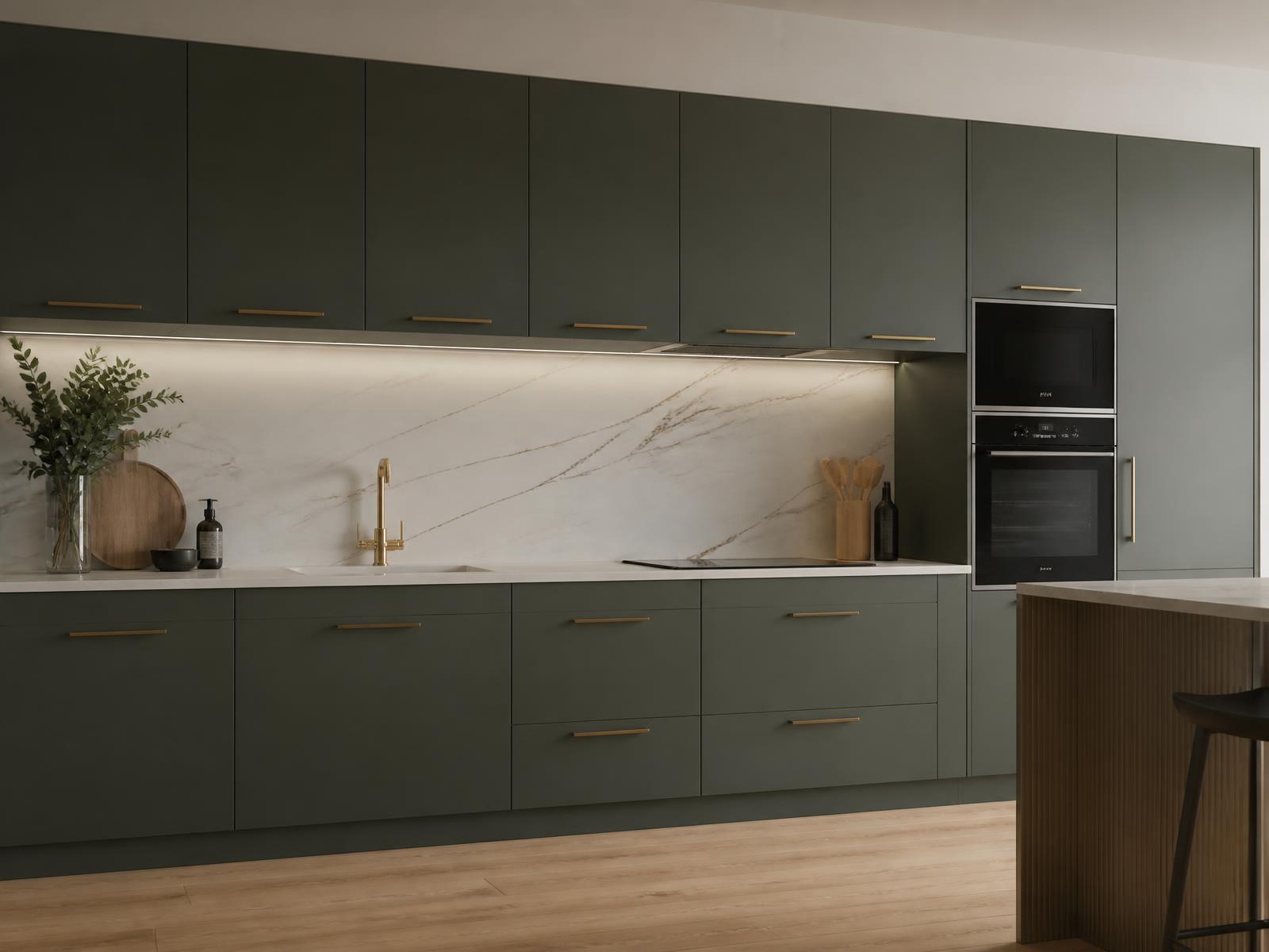 3D visualisation of a deep green kitchen with brass detailing