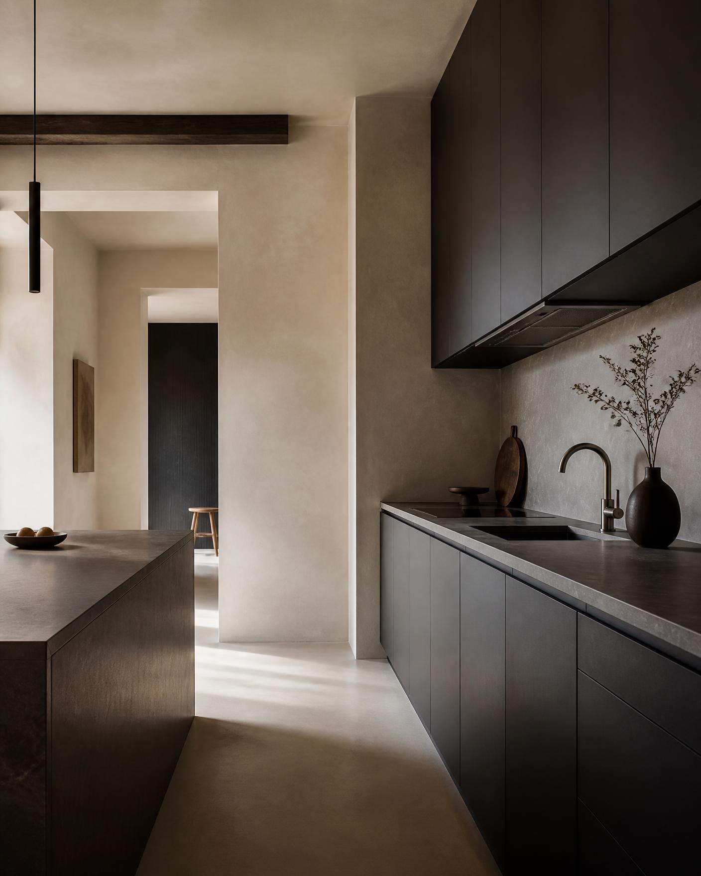 Charcoal handleless kitchen cabinetry against warm plaster walls