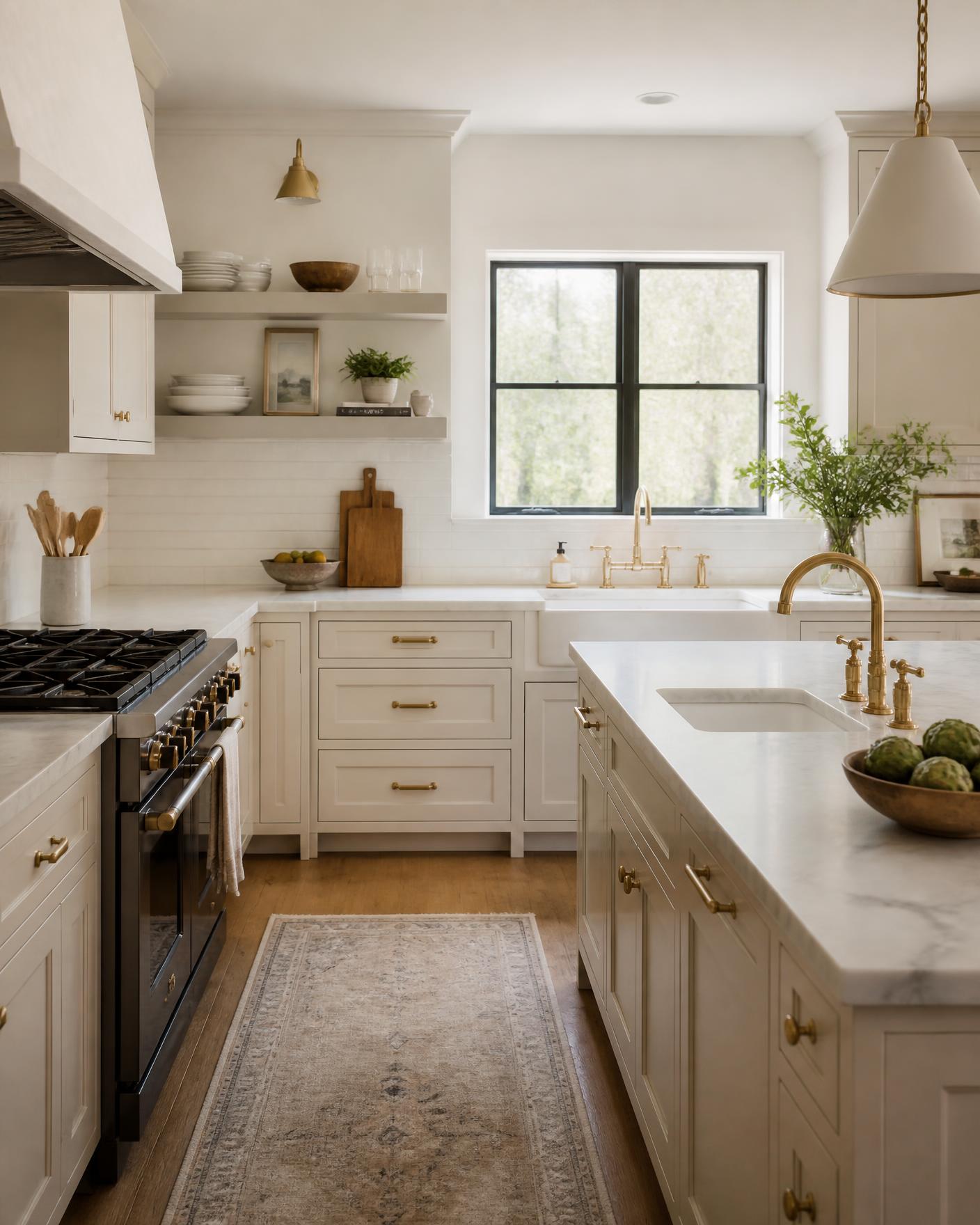 Off-white shaker kitchen with marble counters and brass tapware