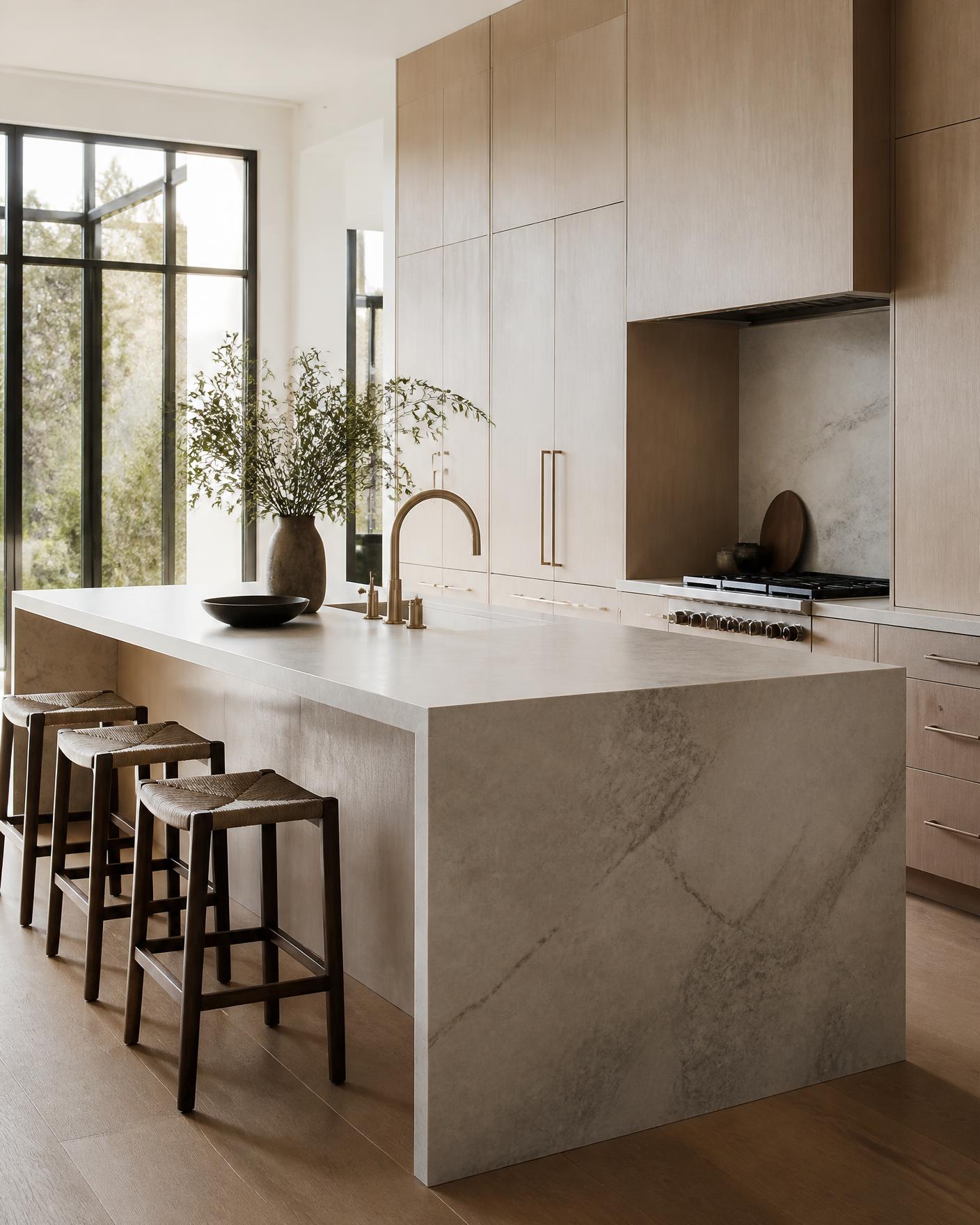 Pale oak kitchen with a stone island beneath tall black-framed windows