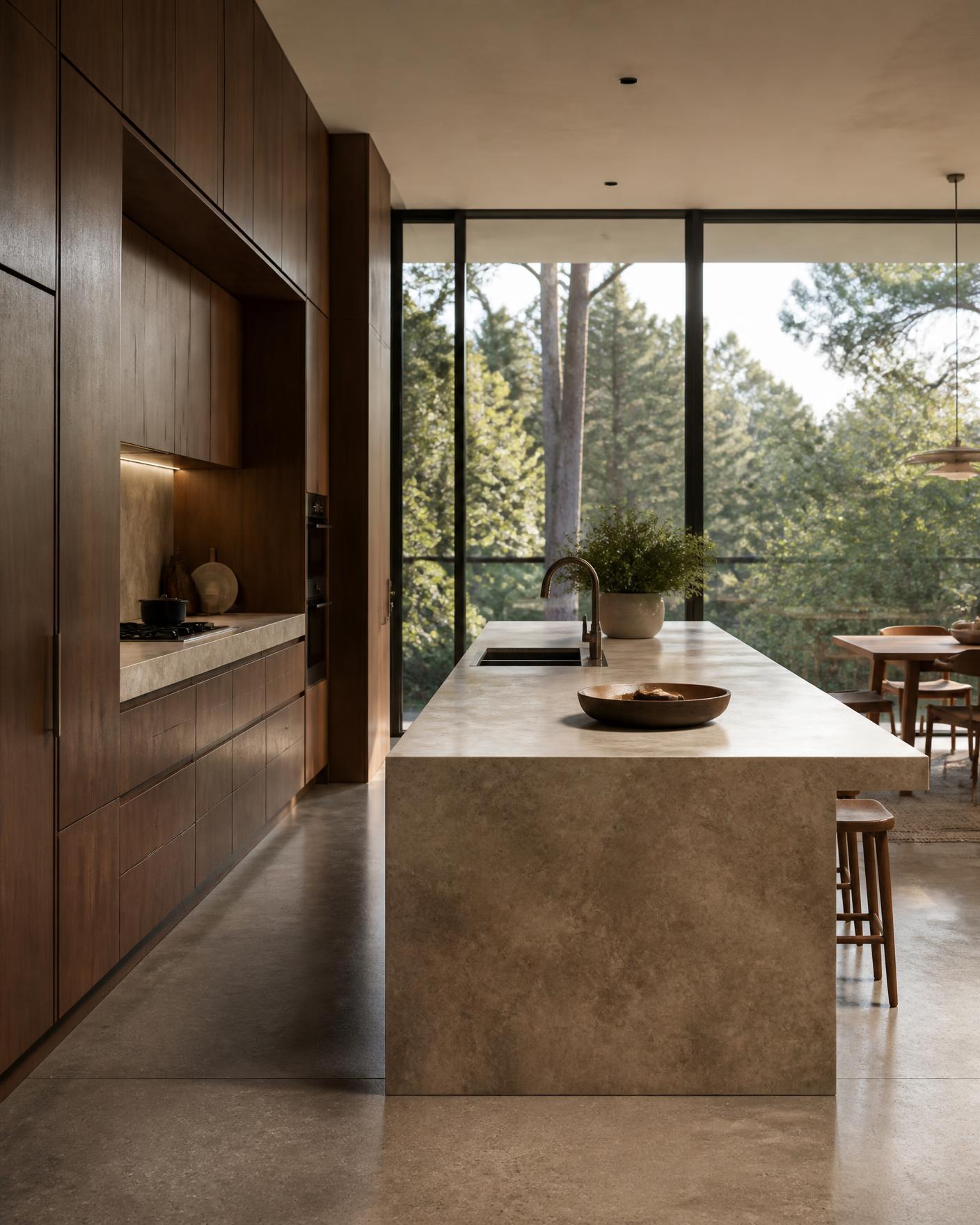 Walnut kitchen with a monolithic stone island facing floor-to-ceiling glazing
